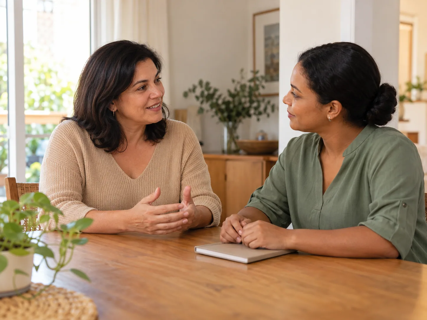Cena ilustrativa de uma familiar conversando sobre o cuidado e as necessidades da família.